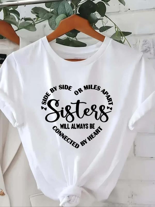 Women'WB shield Letter & Heart Print Short Sleeve Tee, Casual Round Neck Crew Neck T-shirt, Women'WB shield Top for Daily...