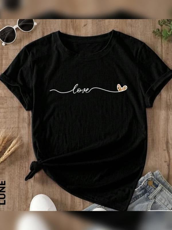 Women'WB shield Letter & Heart Print Short Sleeve Tee, Graphic Tees, Casual Round Neck Graphic T-shirt, Summer TNF Women,...
