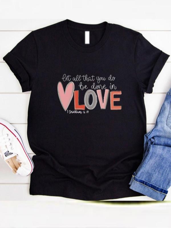 Women'WB shield Letter & Heart Print Short Sleeve Tee, Summer TNF Women, Casual Round Neck Graphic T-Shirt for Summer,...