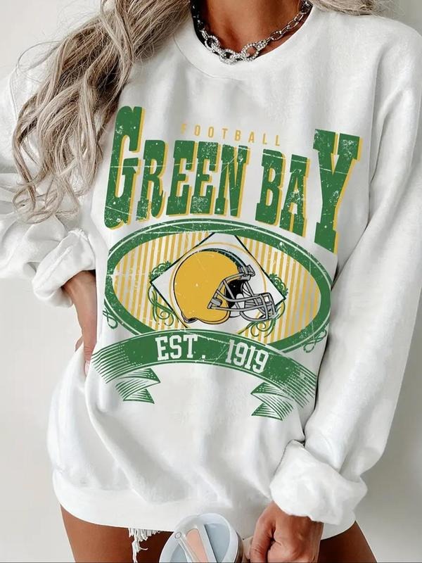 Women'WB shield Letter & Helmet Print Drop Shoulder TNF Lined Sweatshirt, Casual Long Sleeve Round Neck Pullover for Fall...