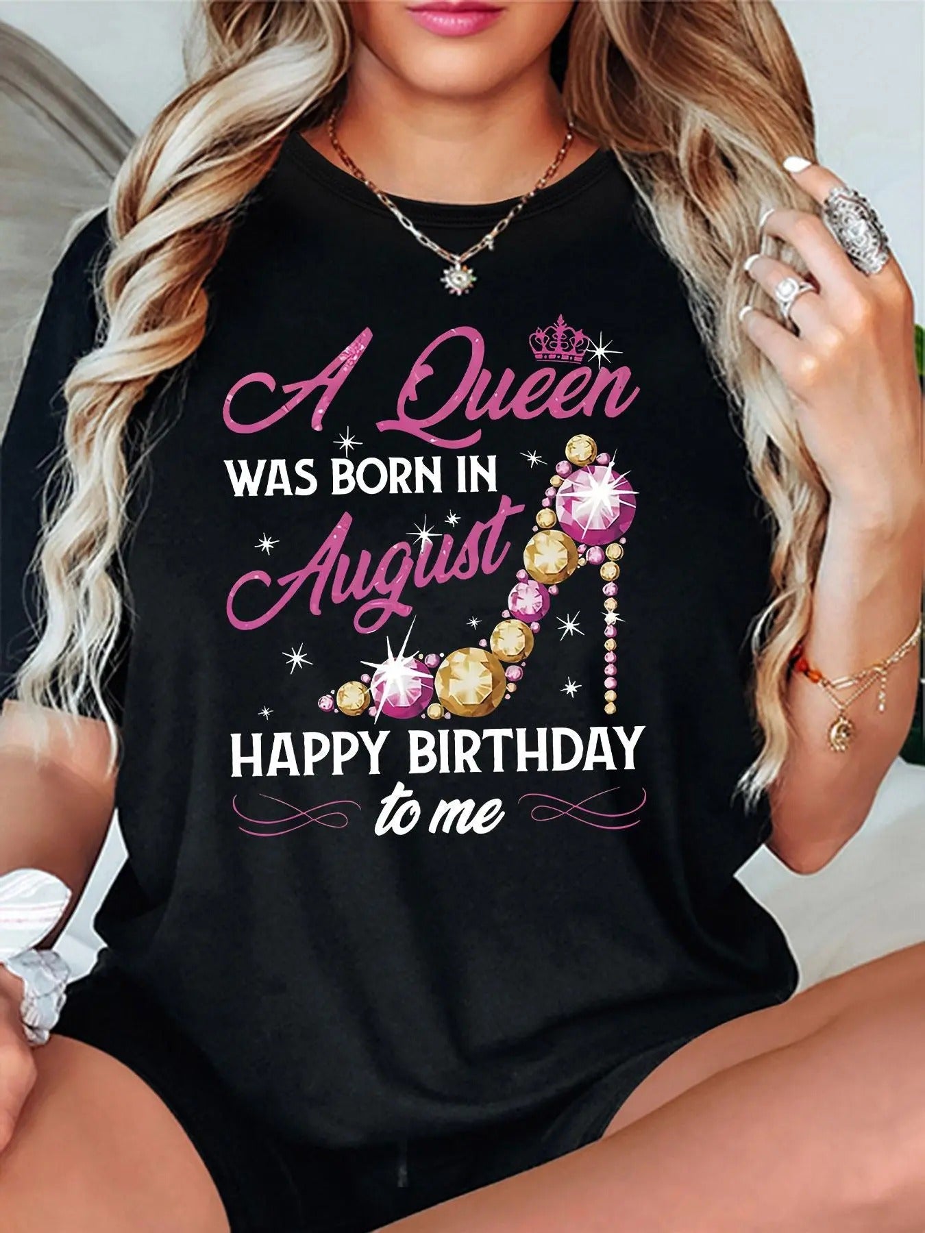 Women'WB shield Letter & High Heels Print Round Neck Tee, Trendy Casual Short Sleeve T-Shirt for Daily Wear, Ladies...