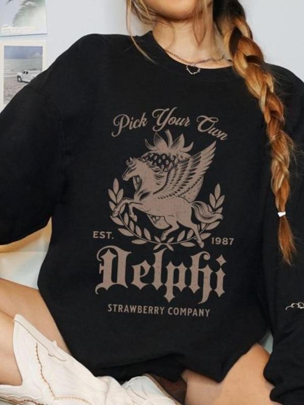 Women'WB shield Letter & Horse Print Drop Shoulder Sweatshirt, Casual Long Sleeve Round Neck Pullover for Fall & Winter,...