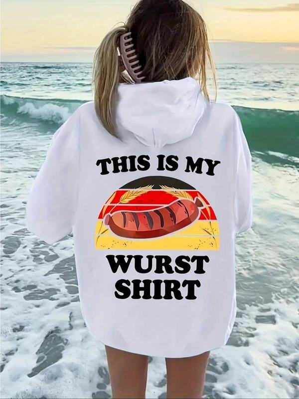 Women'WB shield Letter & Hot Dog Print Drop Shoulder Hoodie, Casual Drawstring Pocket Hooded Sweatshirt for Fall &...