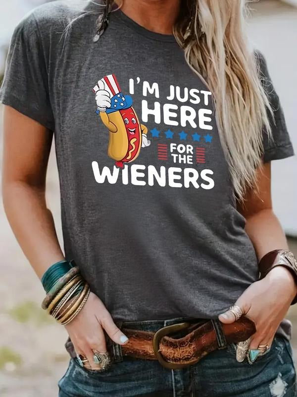 Women'WB shield Letter & Hot Dog Print Round Neck Tee, Casual Short Sleeve Crew Neck T-Shirt for Summer, Fashion Women'WB...