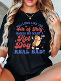Women'WB shield Letter & Hot Dog Print Round Neck Tee, Fashion Casual Short Sleeve T-shirt for Daily Outdoor Wear, Ladies...