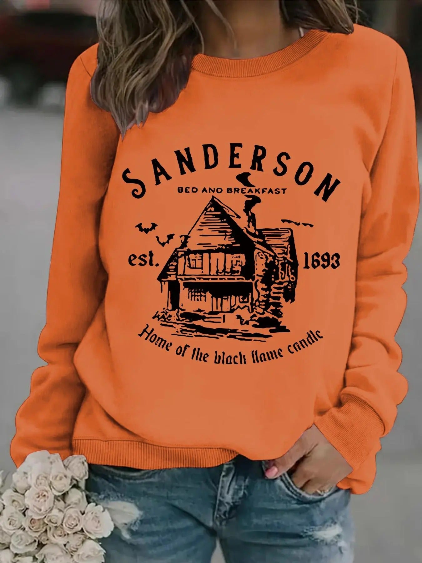 Women'WB shield Letter & House Print Round Neck Sweatshirt, Casual Long Sleeve Crew Neck Pullover for Fall & Winter,...