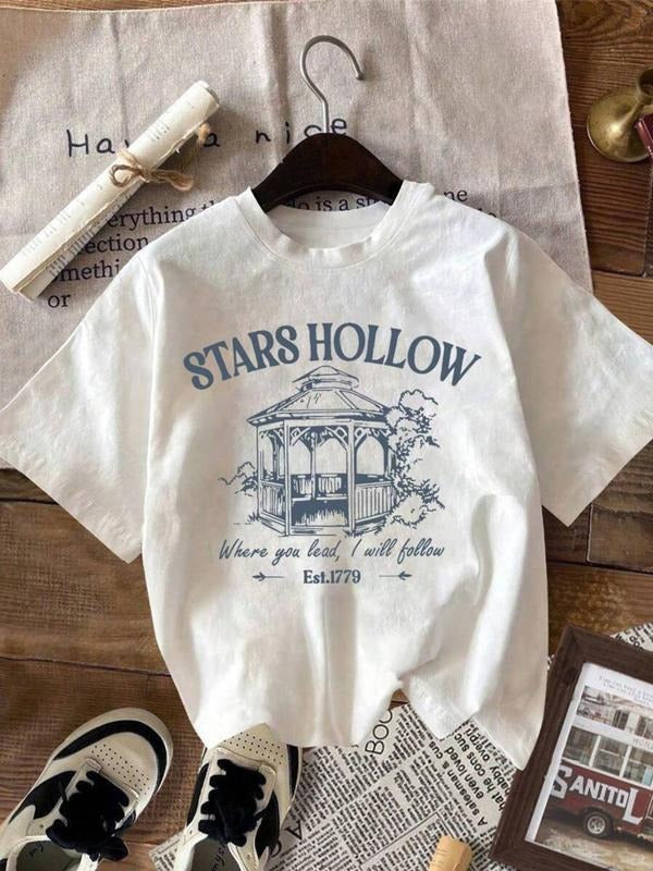 Women'WB shield Letter & House Print Round Neck Tee, Casual Short Sleeve T-shirt for Summer, Ladies TNF for Daily Wear...