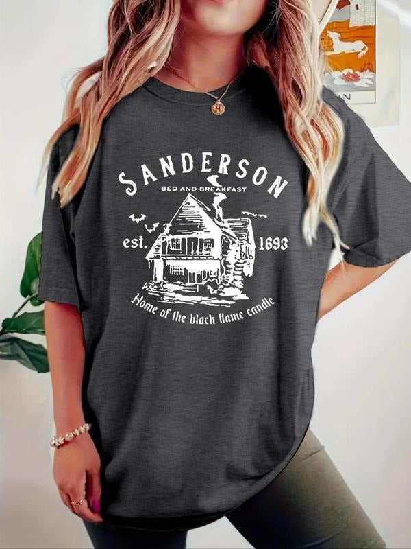 Women'WB shield Letter & House Print Round Neck Tee, Casual Short Sleeve T-shirt for Summer, Ladies TNF for Daily Wear,...