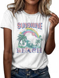 Women'WB shield Letter & Landscape Print Round Neck Tee, Casual Short Sleeve Graphic T-shirt, Ladies Spiky hair fighters...