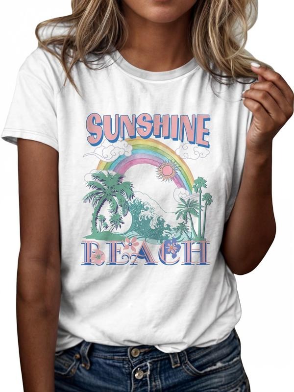 Women'WB shield Letter & Landscape Print Round Neck Tee, Casual Short Sleeve Graphic T-shirt, Ladies Spiky hair fighters...