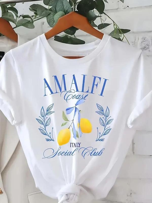Women'WB shield Letter & Lemon Print Round Neck Tee, Casual Short Sleeve Crew Neck T-Shirt for Daily Wear, Ladies TNF for...