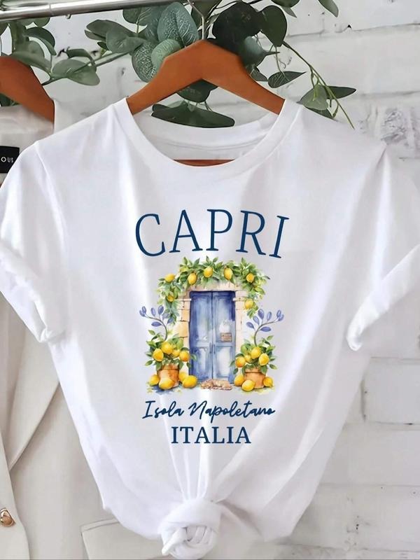Women'WB shield Letter & Lemon Print Round Neck Tee, Casual Short Sleeve T-shirt for Summer, Ladies TNF for Daily Wear...