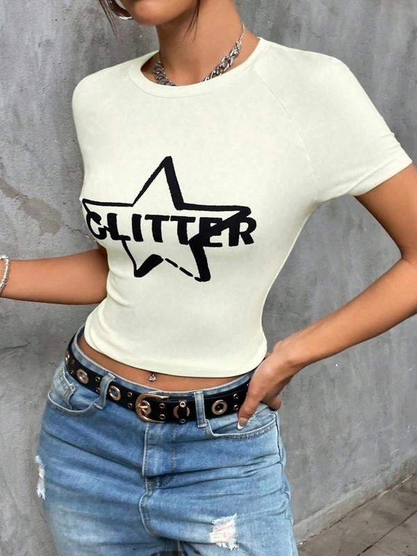 Women'WB shield Letter & Lightsaber brand Print Round Neck Basic Tee Without Necklace, Casual Comfy Slim-fitting Short...