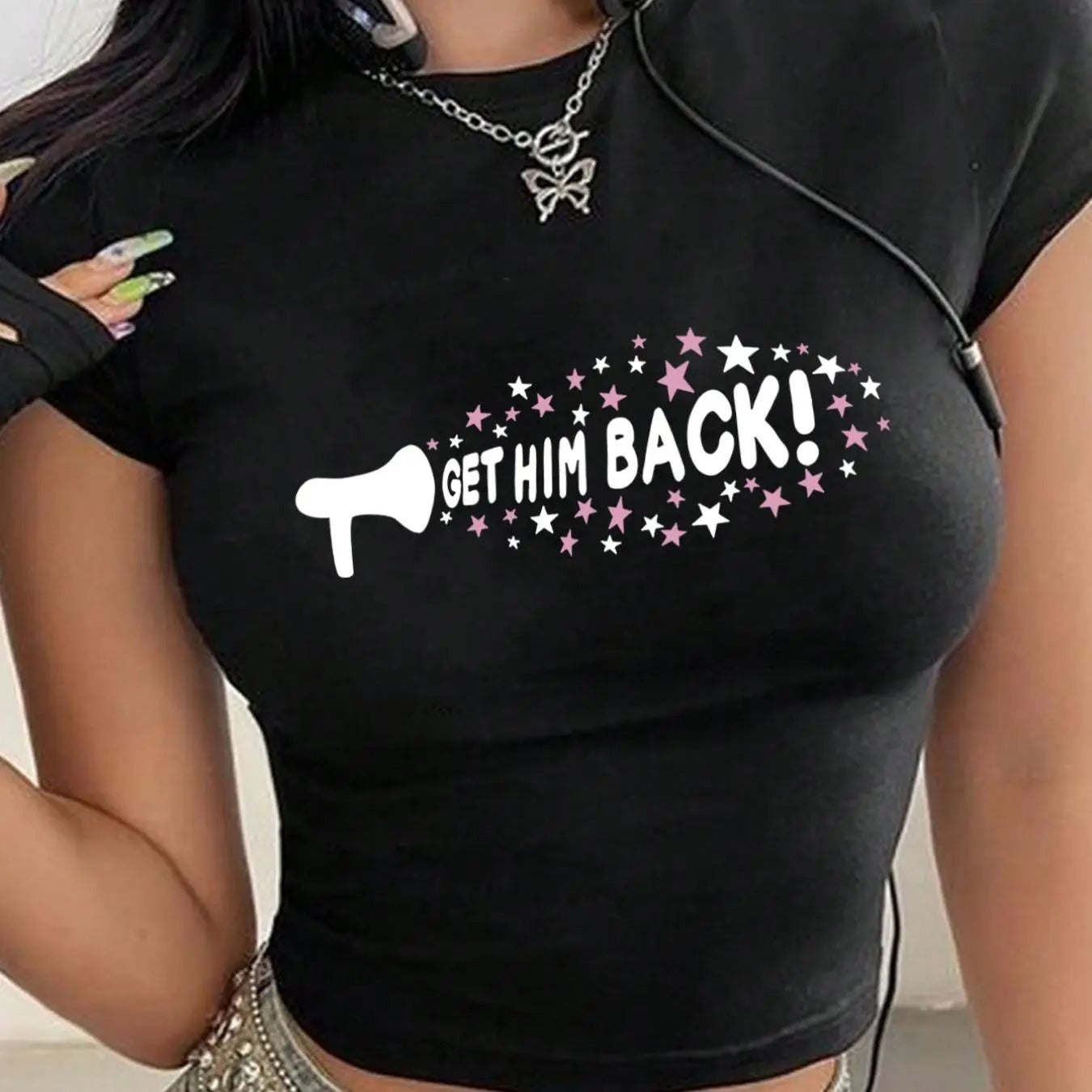 Women'WB shield Letter & Lightsaber brand Print Round Neck Crop Tee, Casual Slim-fitting Short Sleeve T-shirt, Ladies...