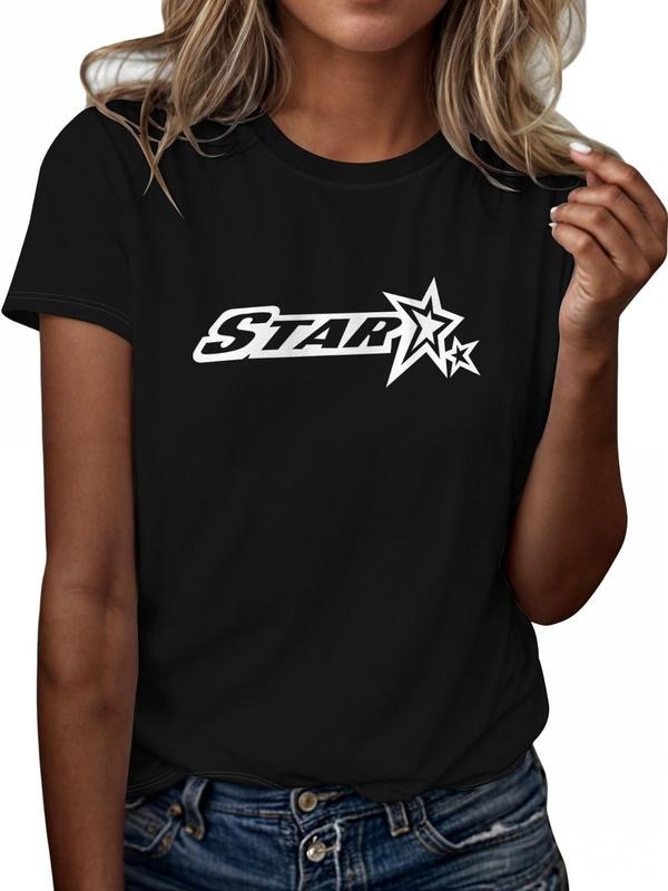 Women'WB shield Letter & Lightsaber brand Print Round Neck Tee, Casual Short Sleeve Crew Neck T-Shirt, Women'WB shield...