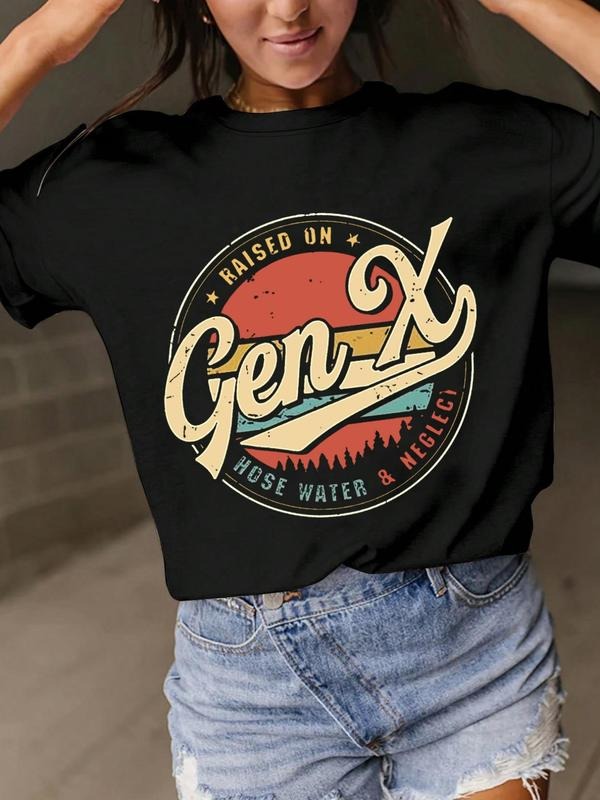 Women'WB shield Letter & Lightsaber brand Print Round Neck Tee, Vintage Trendy Casual Slogan Graphic Short Sleeve T-shirt...