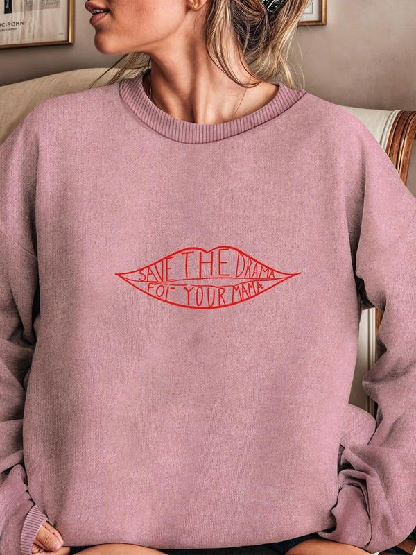 Women'WB shield Letter & Lip Print Drop Shoulder Sweatshirt, Casual Long Sleeve Round Neck Pullover for Daily Wear,...