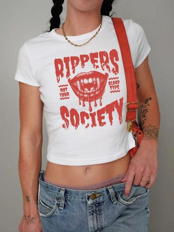 Women'WB shield Letter & Lip Print Round Neck Crop Tee, Street Fashion Casual Short Sleeve T-Shirt for Daily Holiday...