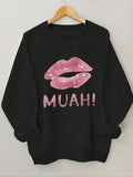 Women'WB shield Letter & Lip Print Round Neck Sweatshirt, Trendy Casual Long Sleeve Pullover for Daily Wear, Ladies...