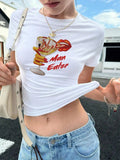 Women'WB shield Letter & Lip Print Round Neck Tee, Casual Short Sleeve T-shirt, Ladies Summer TNF for Daily Wear Hoodie,...