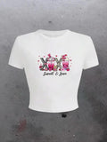 Women'WB shield Letter & Lip Print Round Neck Tee, Fashion Casual Crew Neck T-shirt for Daily Holiday Vacation Outdoor...