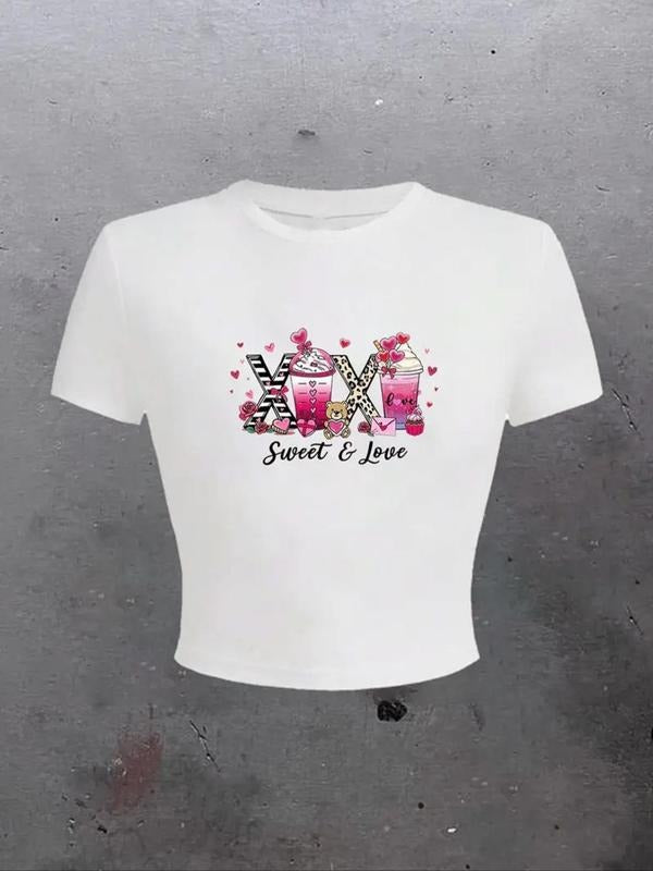 Women'WB shield Letter & Lip Print Round Neck Tee, Fashion Casual Crew Neck T-shirt for Daily Holiday Vacation Outdoor...