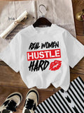 Women'WB shield Letter & Lip Print Round Neck Tee, Fashion Casual Drop Shoulder Short Sleeve T-shirt for Daily Wear,...