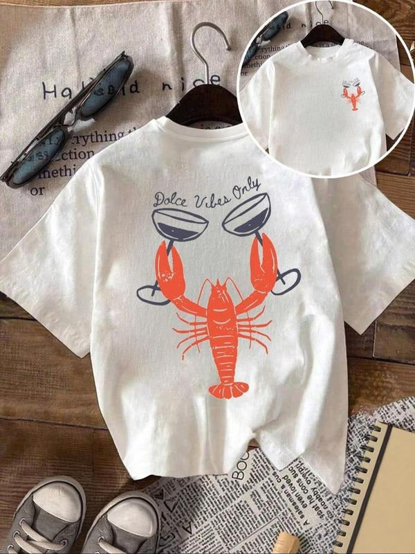 Women'WB shield Letter & Lobster Print Round Neck Tee, Casual Short Sleeve Crew Neck T-shirt for Summer, Fashion Women'WB...