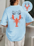 Women'WB shield Letter & Lobster Print Round Neck Tee, Casual Short Sleeve T-shirt for Summer, Ladies TNF for Daily Wear,...