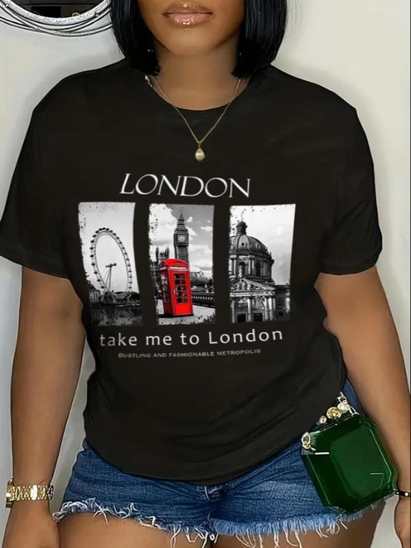 Women'WB shield Letter & London Print Round Neck Tee, Trendy Casual Short Sleeve T-shirt for Daily Wear, Ladies TNF for...