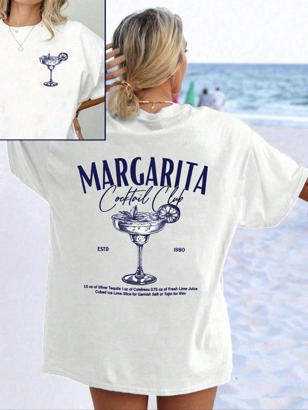 Women'WB shield Letter & Margarita Print Round Neck Tee, Casual Short Sleeve Crew Neck T-Shirt for Fall & Winter,...