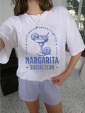 Women'WB shield Letter & Margarita Print Round Neck Tee, Casual Short Sleeve Crew Neck T-shirt for Summer, Fashion...