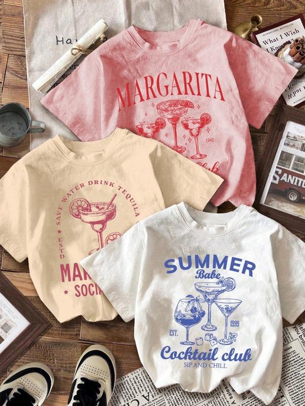 Women'WB shield Letter & Margarita Print Round Neck Tee, Casual Short Sleeve T-shirt for Summer, Ladies TNF for Daily...