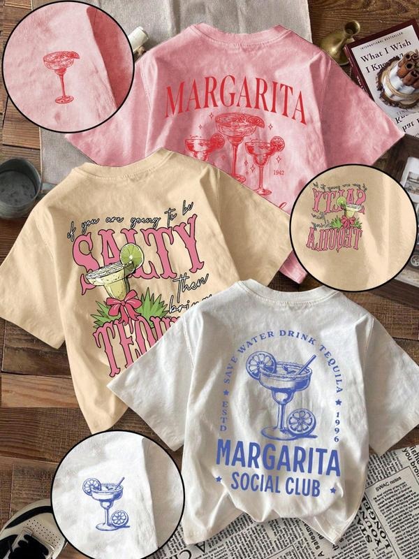 Women'WB shield Letter & Margarita Print Round Neck Tee, Casual Slogan Graphic Short Sleeve T-shirt for Summer, Ladies...