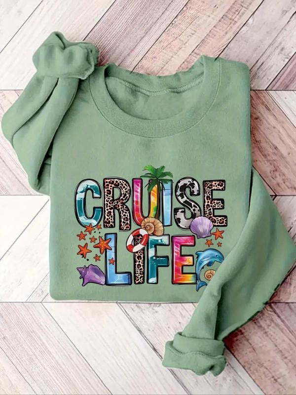 Women'WB shield Letter & Marine Life Print Round Neck Pullover, Fashion Casual Crew Neck Sweatshirt for Daily Holiday...