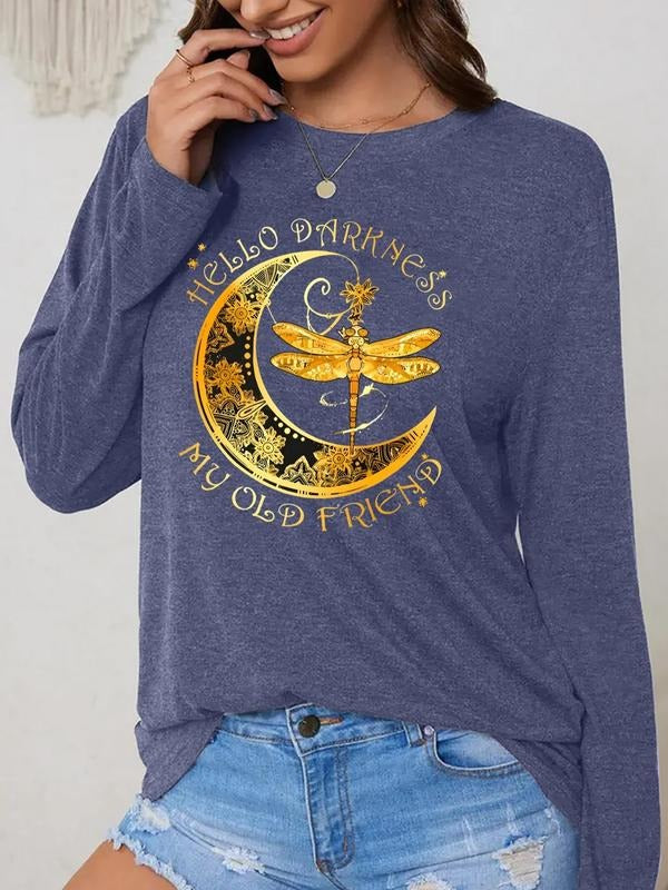 Women'WB shield Letter & Moon Print Round Neck Tee, Casual Long Sleeve Crew Neck T-shirt for Daily Wear, Ladies TNF for...