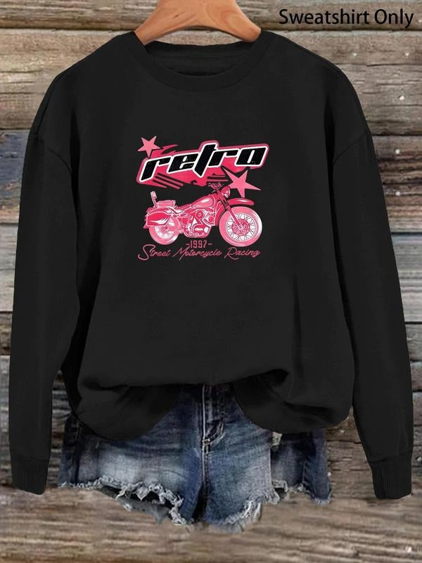 Women'WB shield Letter & Motorcycle Print Drop Shoulder Sweatshirt, Casual Long Sleeve Round Neck Pullover for Fall &...