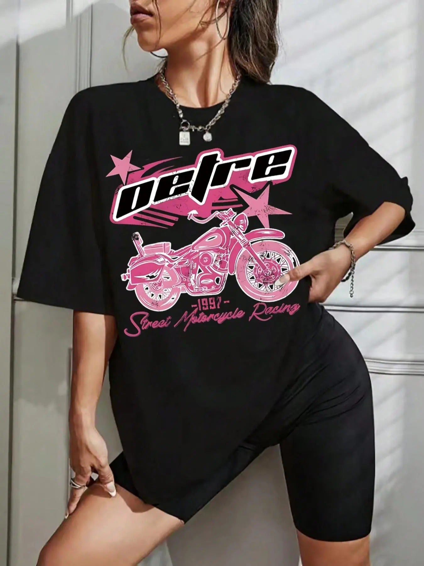 Women'WB shield Letter & Motorcycle Print Drop Shoulder Tee, Casual Half Sleeve Round Neck T-Shirt for Summer, Women'WB...