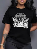 Women'WB shield Letter & Motorcycle Print Round Neck Tee, Casual Short Sleeve Crew Neck T-shirt for Daily Wear, Ladies...
