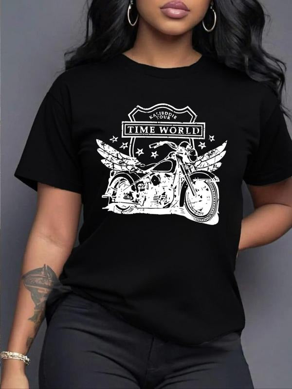 Women'WB shield Letter & Motorcycle Print Round Neck Tee, Casual Short Sleeve Crew Neck T-shirt for Daily Wear, Ladies...