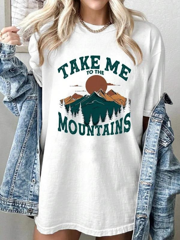 Women'WB shield Letter & Mountain Print Drop Shoulder Tee, Fashion Casual Round Neck Half Sleeve T-Shirt for Daily Wear,...