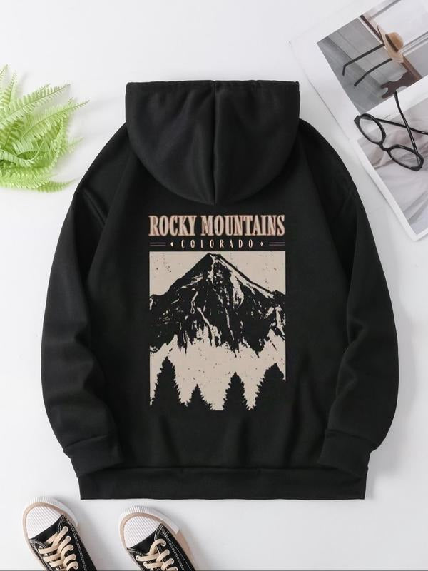 Women'WB shield Letter & Mountain Print Hoodie, Casual Comfy Pullover Hooded Sweatshirt for Daily Wear, Ladies Spring &...