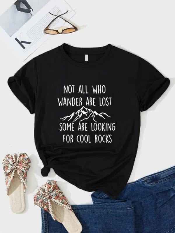 Women'WB shield Letter & Mountain Print Round Neck Tee, Summer TNF Women, Fashion Casual Crew Neck Short Sleeve T-shirt...