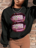 Women'WB shield Letter & Mouth Print Crew Neck Sweatshirt, Casual Long Sleeve Pullover for Daily Wear, Ladies TNF for...