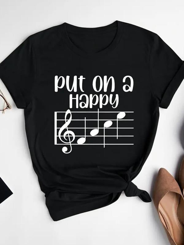 Women'WB shield Letter & Music Note Print Round Neck Graphic Tee, Casual Short Sleeve T-Shirt for Summer, Fashion...