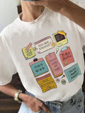 Women'WB shield Letter & Notebook Print Round Neck Tee, Fashion Casual Crew Neck T-Shirt for Daily Holiday Vacation...