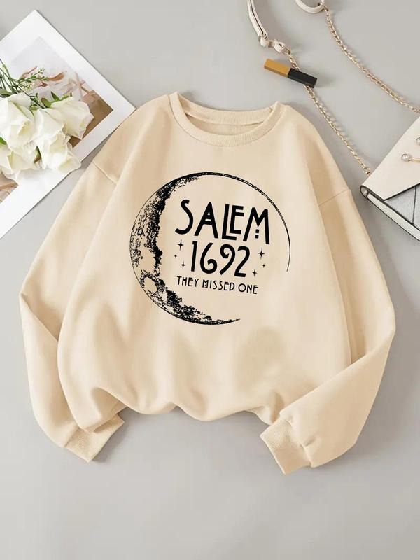 Women'WB shield Letter & Number & Moon Print Drop Shoulder Sweatshirt, Trendy Casual Long Sleeve Round Neck Pullover for...