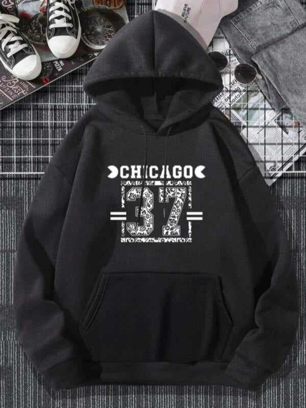 Women'WB shield Letter & Number "Big red N streaming" Print Pocket Drawstring Hoodie, Fashion Casual Drop Shoulder Long...