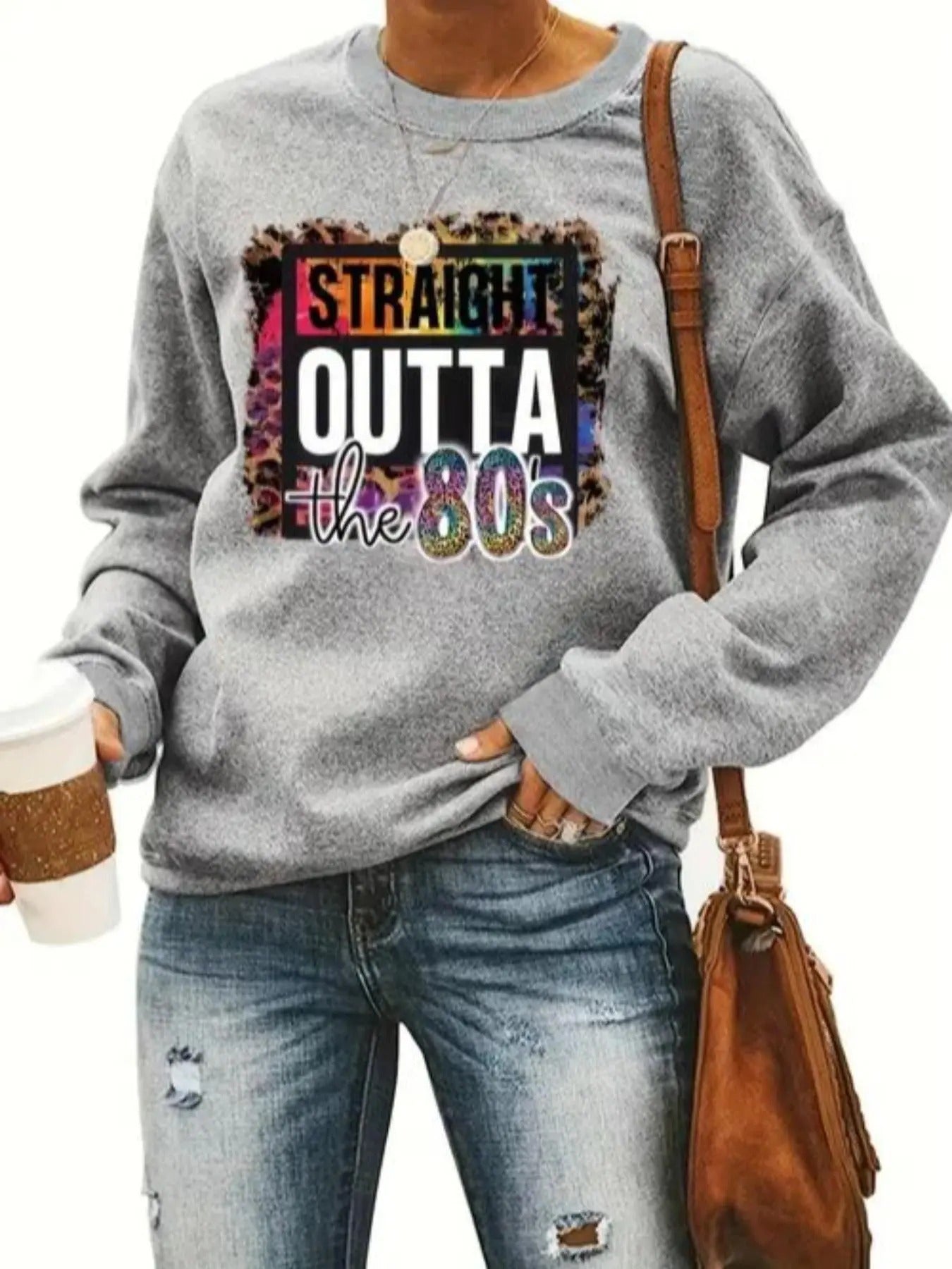 Women'WB shield Letter & Number Drop Shoulder Sweatshirt, Casual Long Sleeve Crew Neck Pullover for Spring & Fall,...