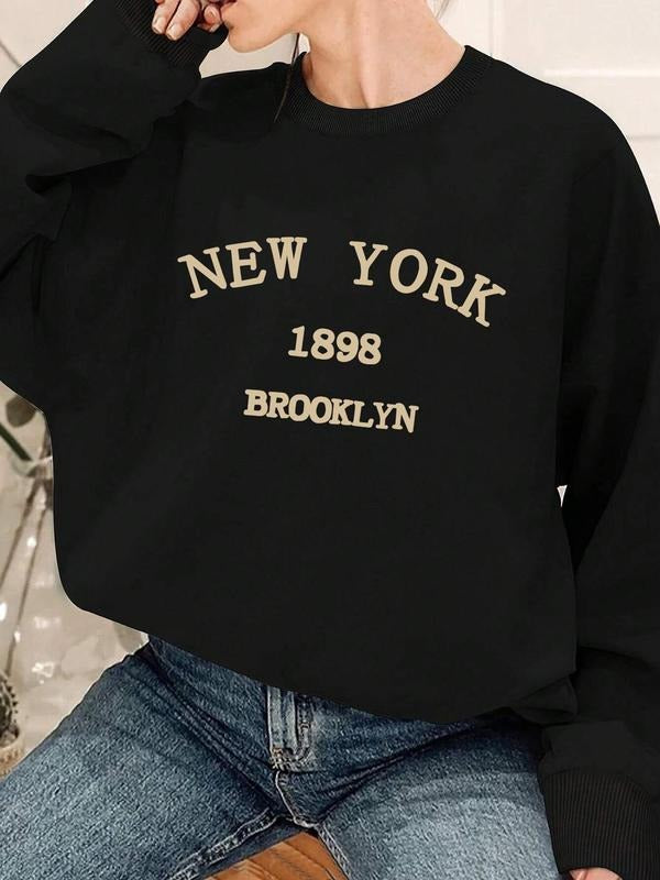 Women'WB shield Letter & Number Print Drop Shoulder Sweatshirt, Casual Long Sleeve Round Neck Pullover for Fall & Winter,...